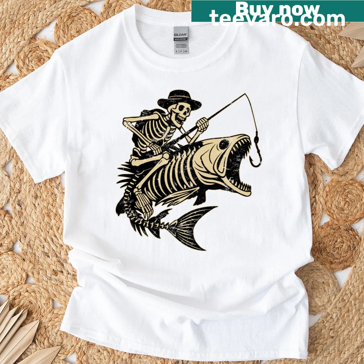 Skeleton bass fish graphic for Halloween on a t-shirt — on a men's t-shirt