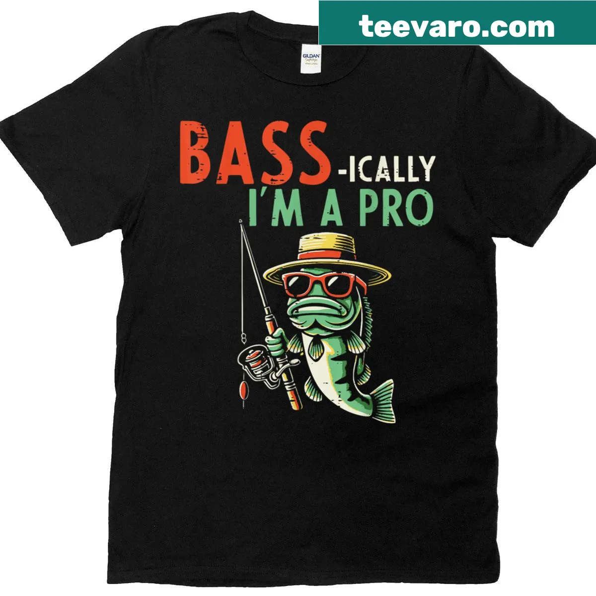 Funny fishing T-shirt with the phrase 'Fishing Bass Ically I'm Pro' — on a men's t-shirt