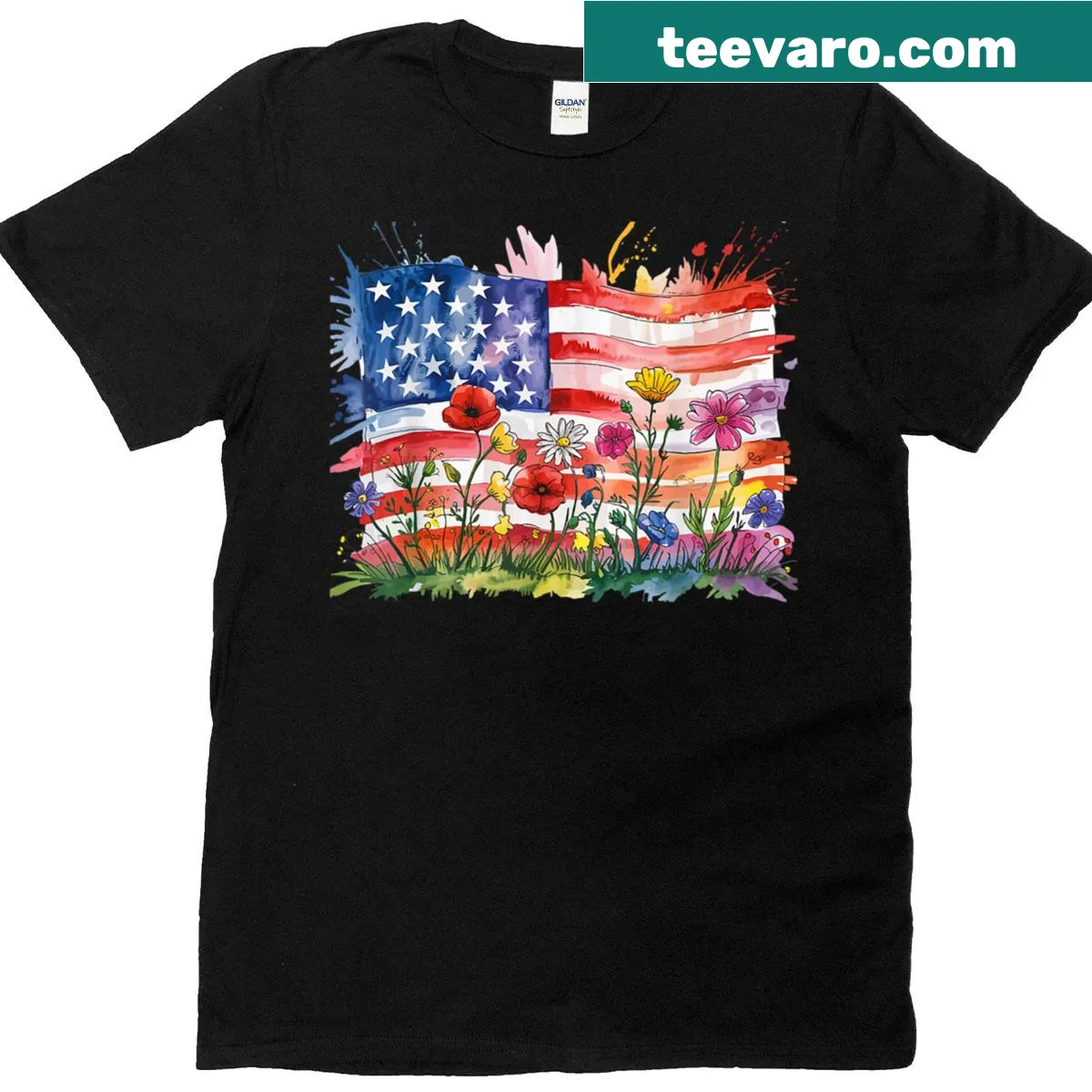 Floral American flag design on a patriotic t-shirt for July 4th — on a men's t-shirt