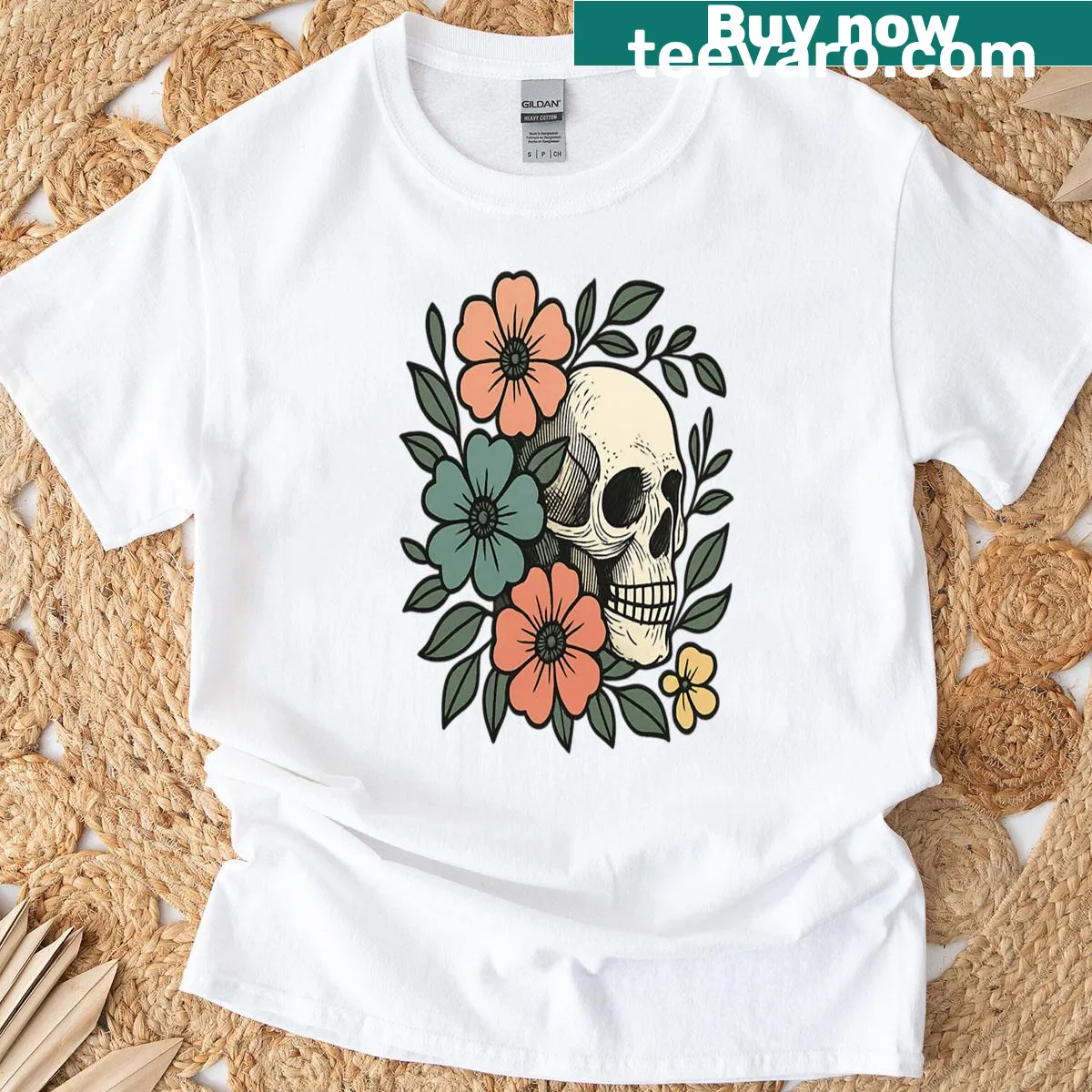 Edgy floral skull design on vintage-style T-shirt — on a men's t-shirt