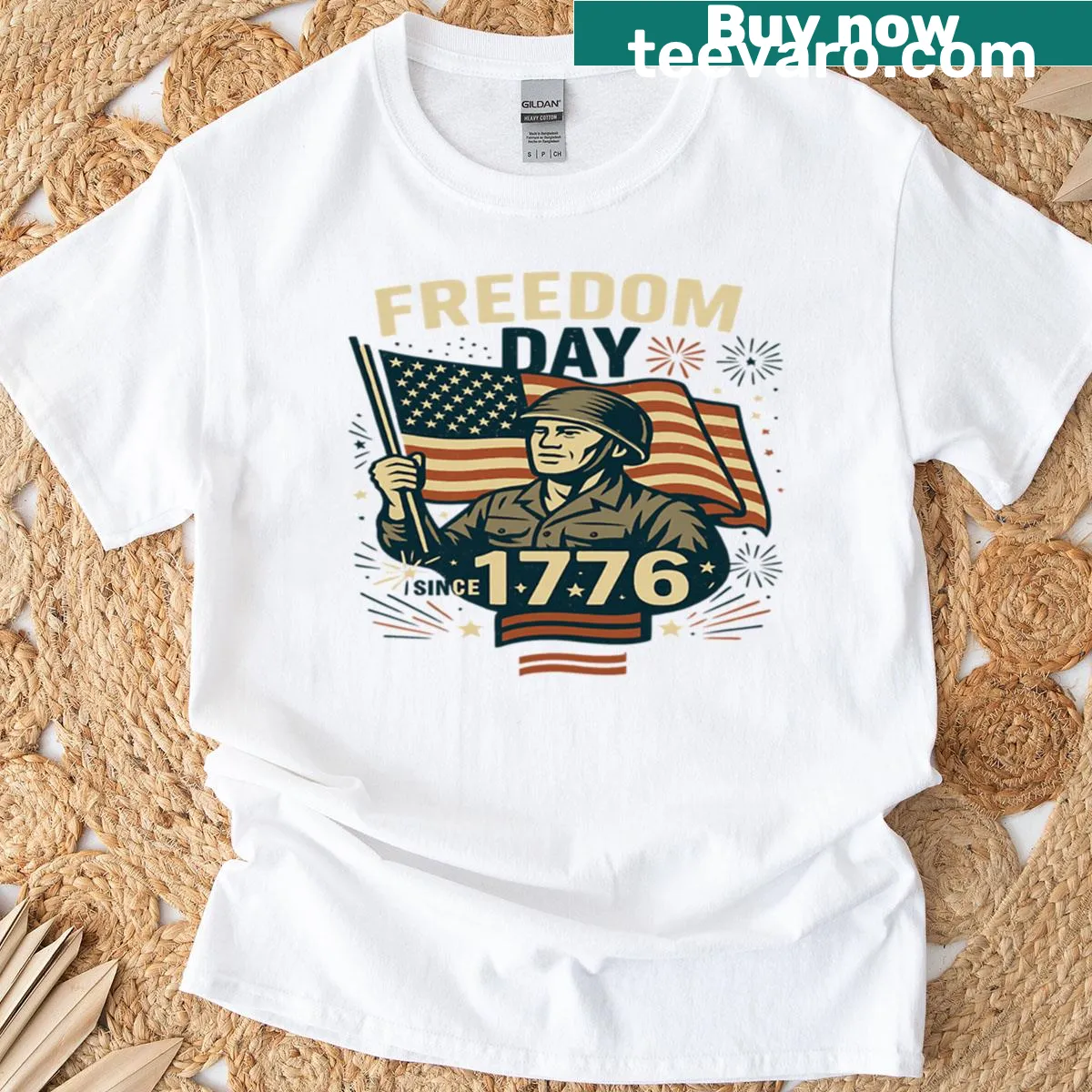 Patriotic T-shirt with soldier and USA flag design — on a men's t-shirt