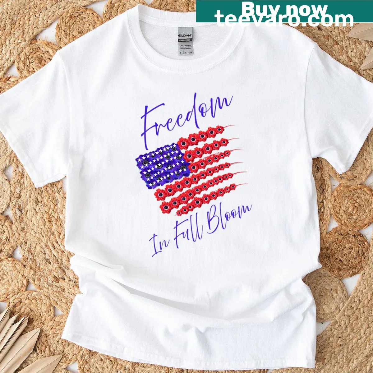 Inspirational floral design T-shirt with the phrase Freedom in Full Bloom — on a men's t-shirt