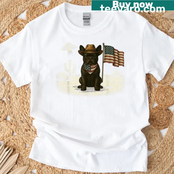 Patriotic French Bulldog graphic T-shirt with American flag design
