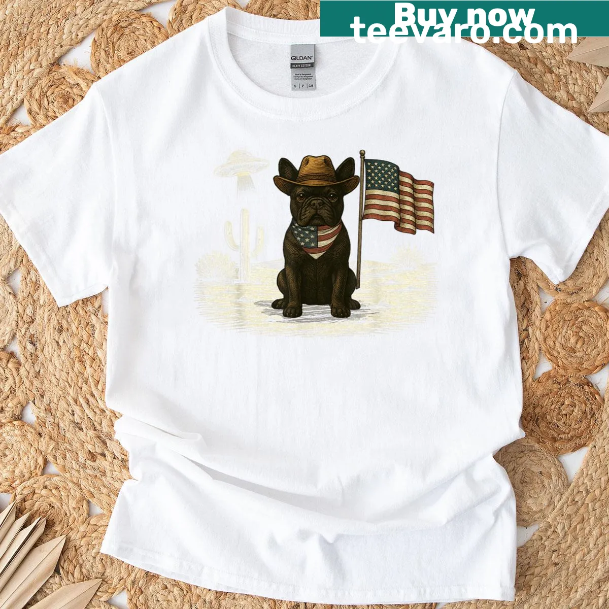 Patriotic French Bulldog graphic T-shirt with American flag design — on a men's t-shirt