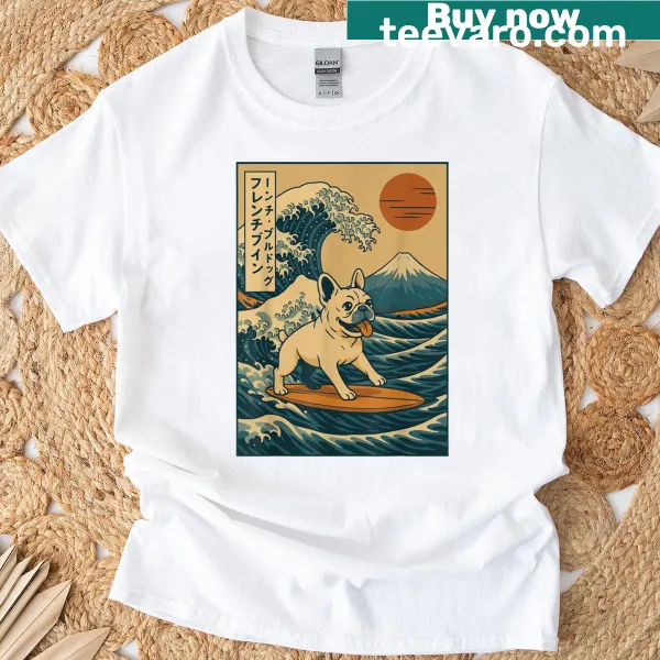 Cartoon French Bulldog surfing on a wave, family-friendly design