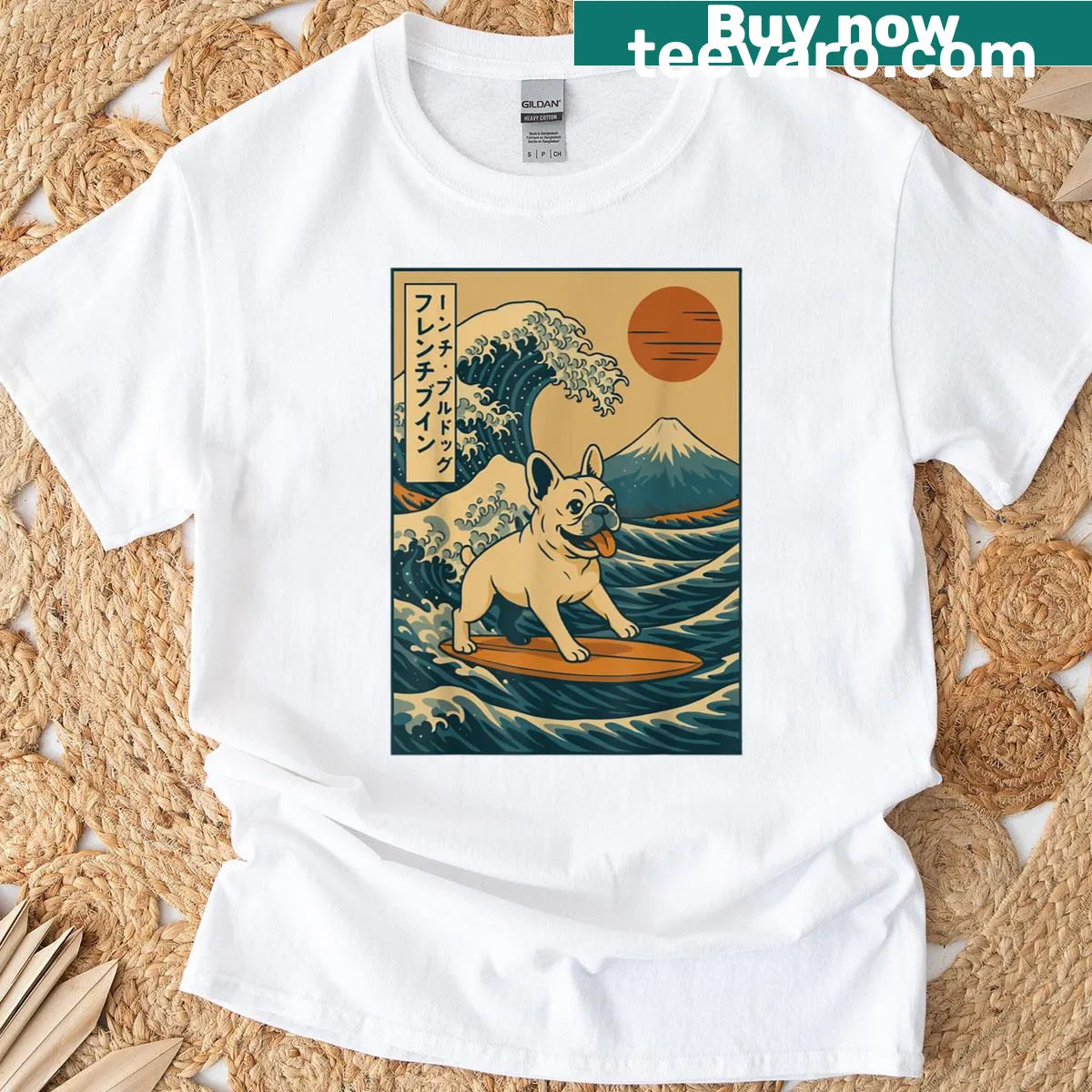 Cartoon French Bulldog surfing on a wave, family-friendly design — on a men's t-shirt