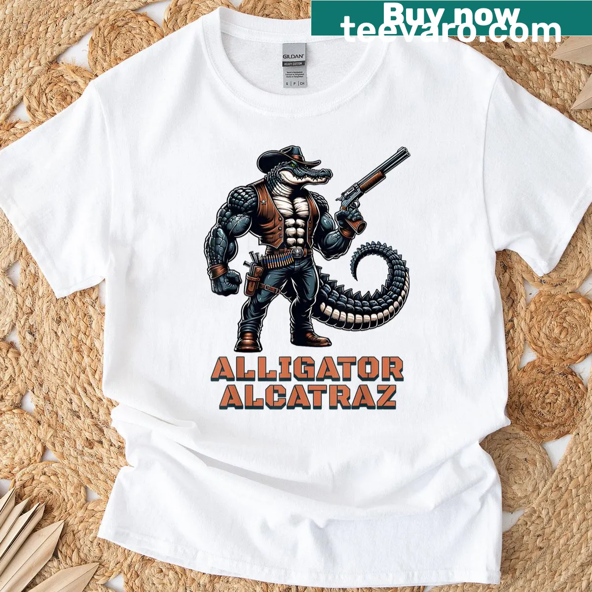 Prison-themed alligator illustration inspired by Alcatraz — on a men's t-shirt