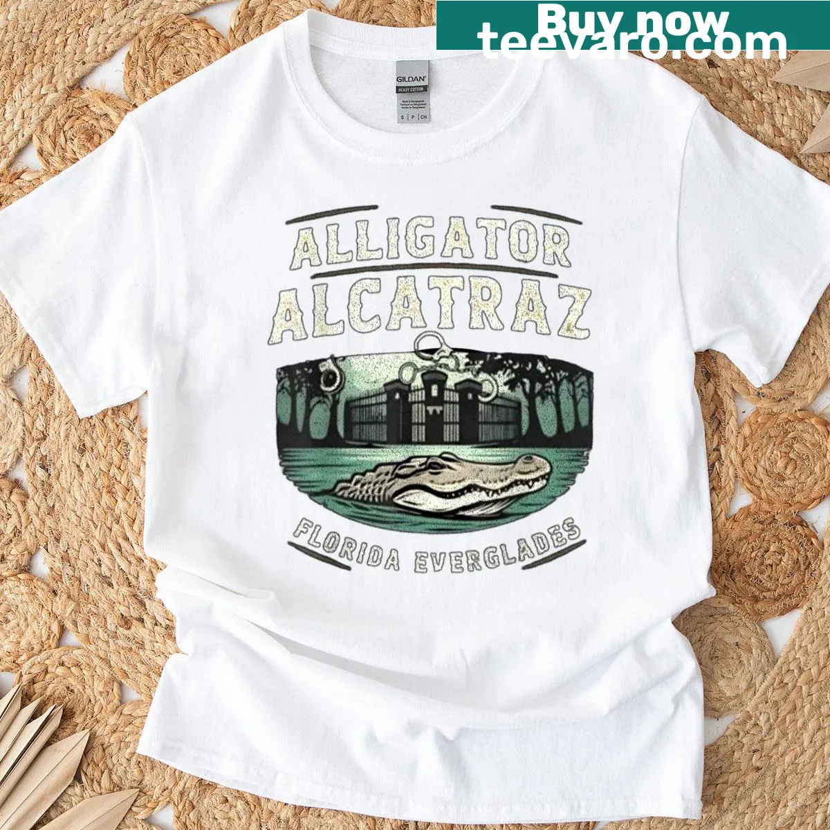 Alligator in prison stripes with a fun Alcatraz theme — on a men's t-shirt
