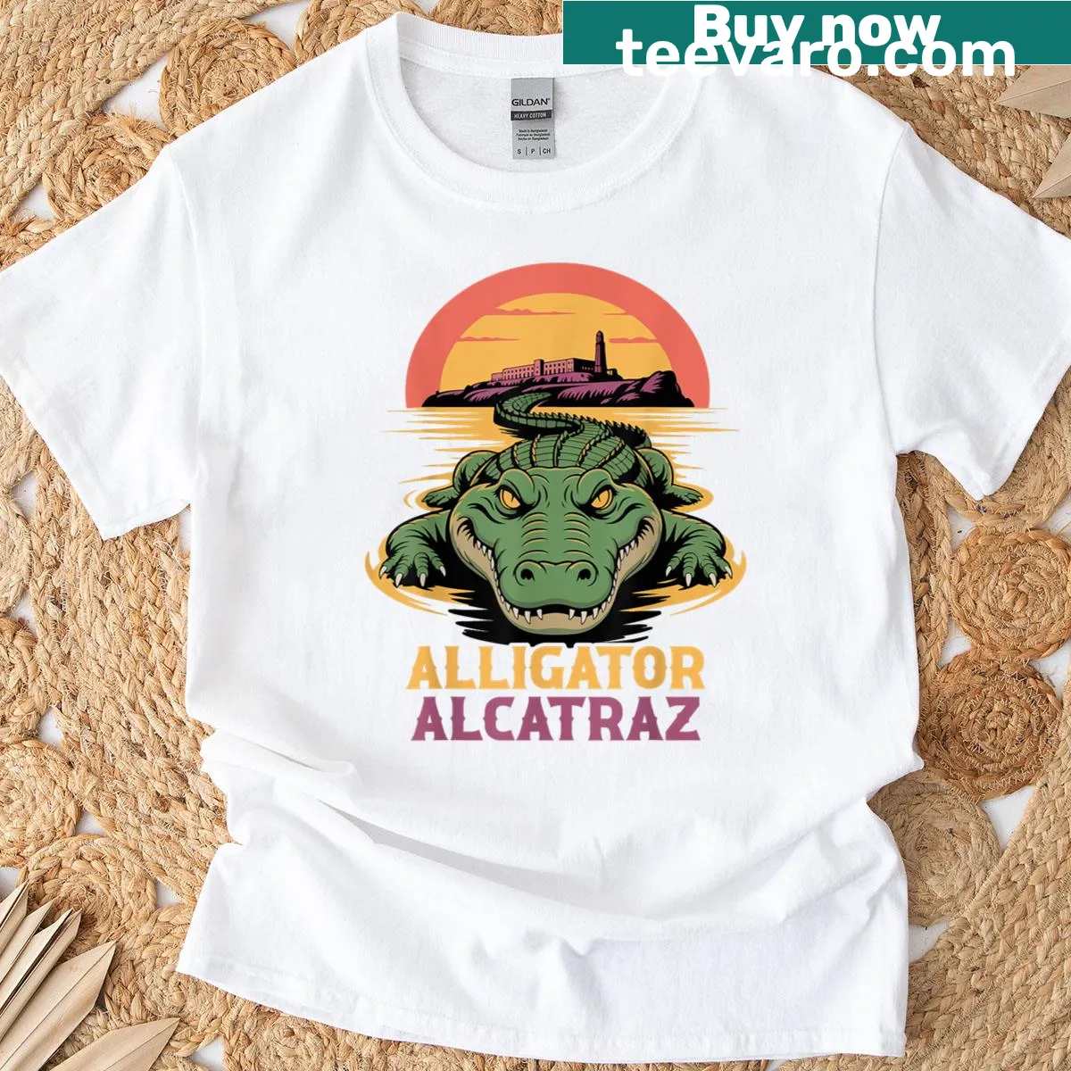 Cartoon alligator in stripes with humor theme inspired by Alcatraz — on a men's t-shirt