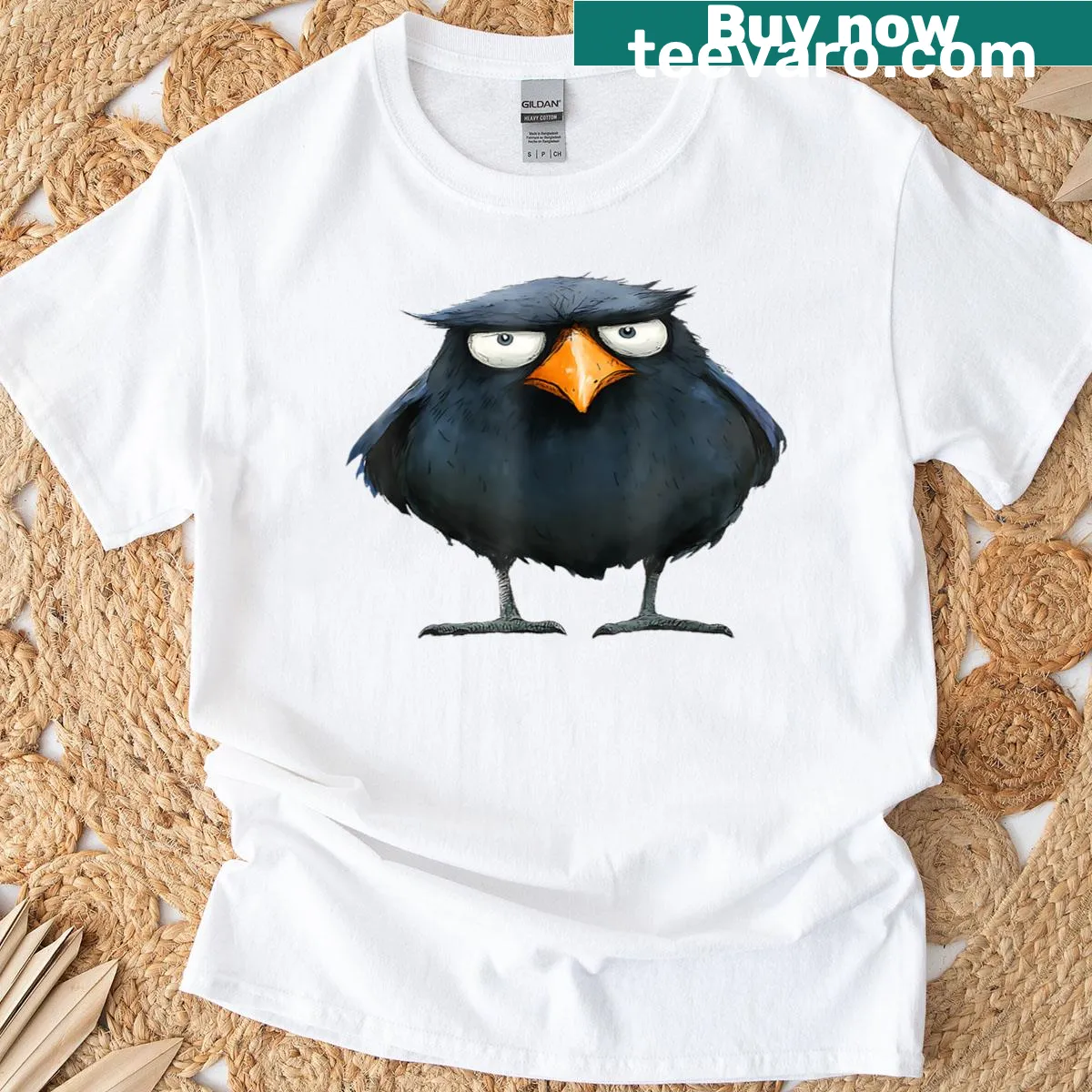 Illustration of a playful black crow for bird lovers — on a men's t-shirt