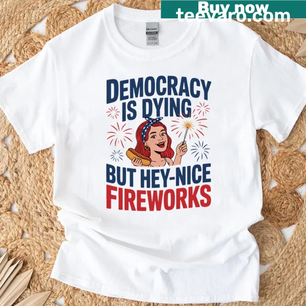 Funny Fourth of July T-shirt with fireworks and hotdog graphic