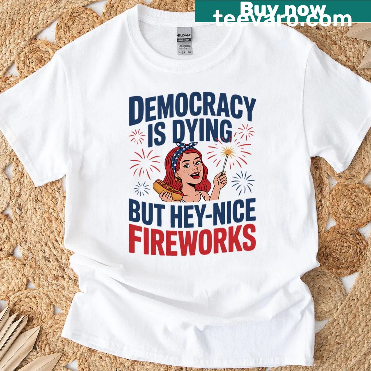 Funny Fourth of July T-shirt with fireworks and hotdog graphic — on a men's t-shirt