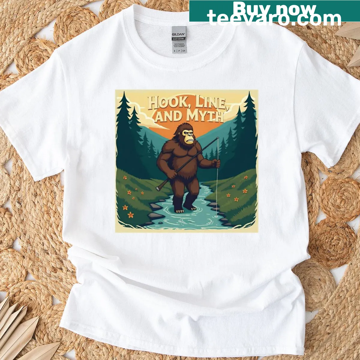 Cartoon Sasquatch with fishing gear on a humorous fishing t-shirt — on a men's t-shirt