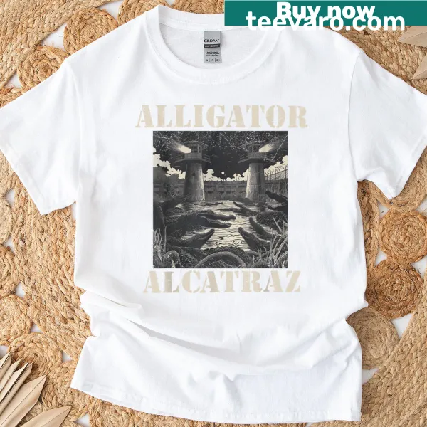 Cute cartoon alligator in prison attire on a humorous shirt