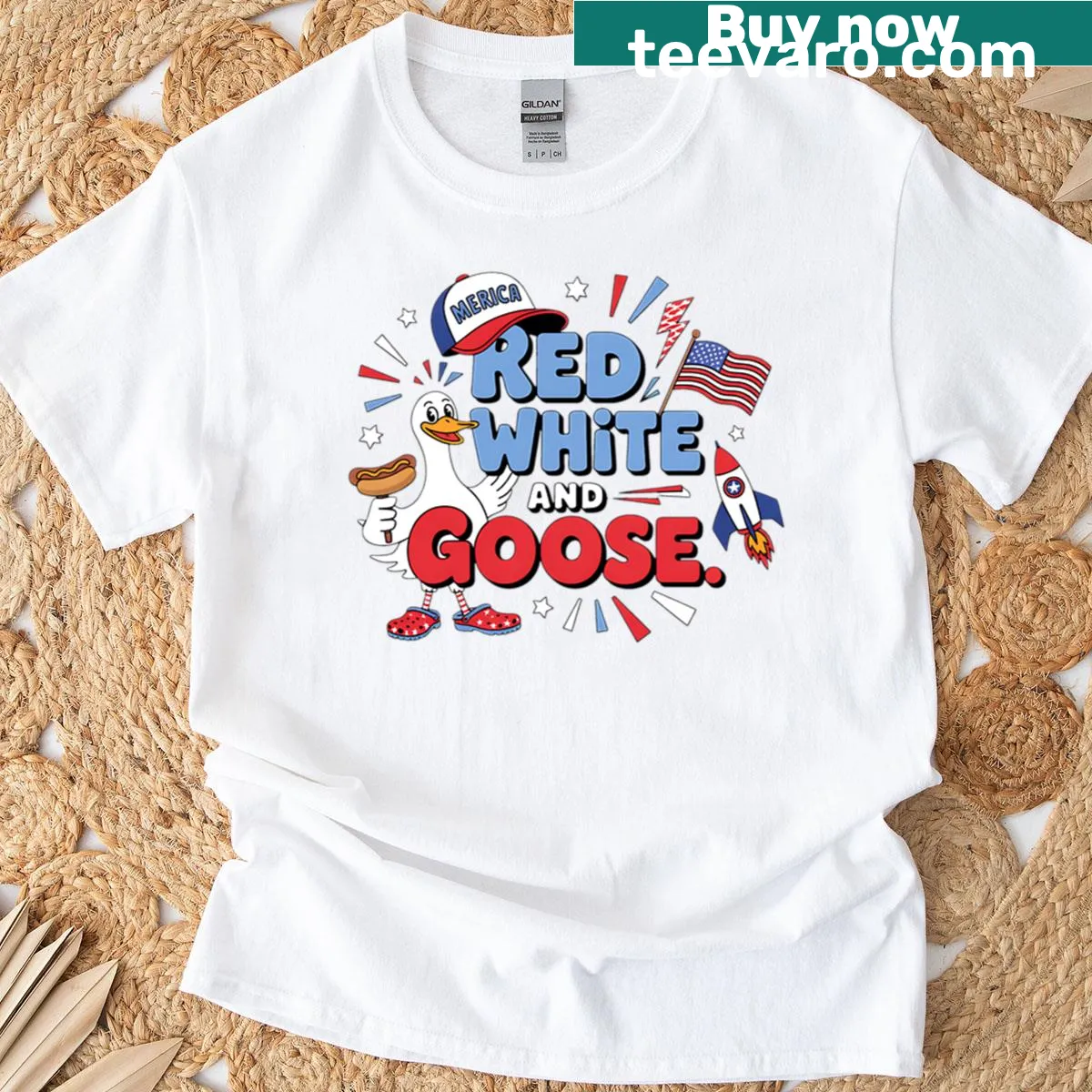 Cute cartoon goose in patriotic colors for July 4th t-shirt — on a men's t-shirt