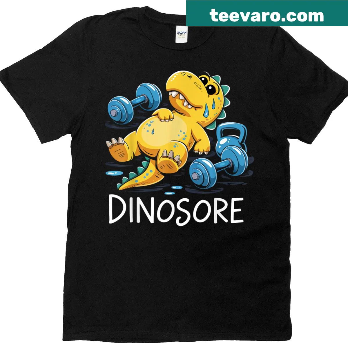 Comical dinosaur lifting weights graphic on a fitness t-shirt — on a men's t-shirt