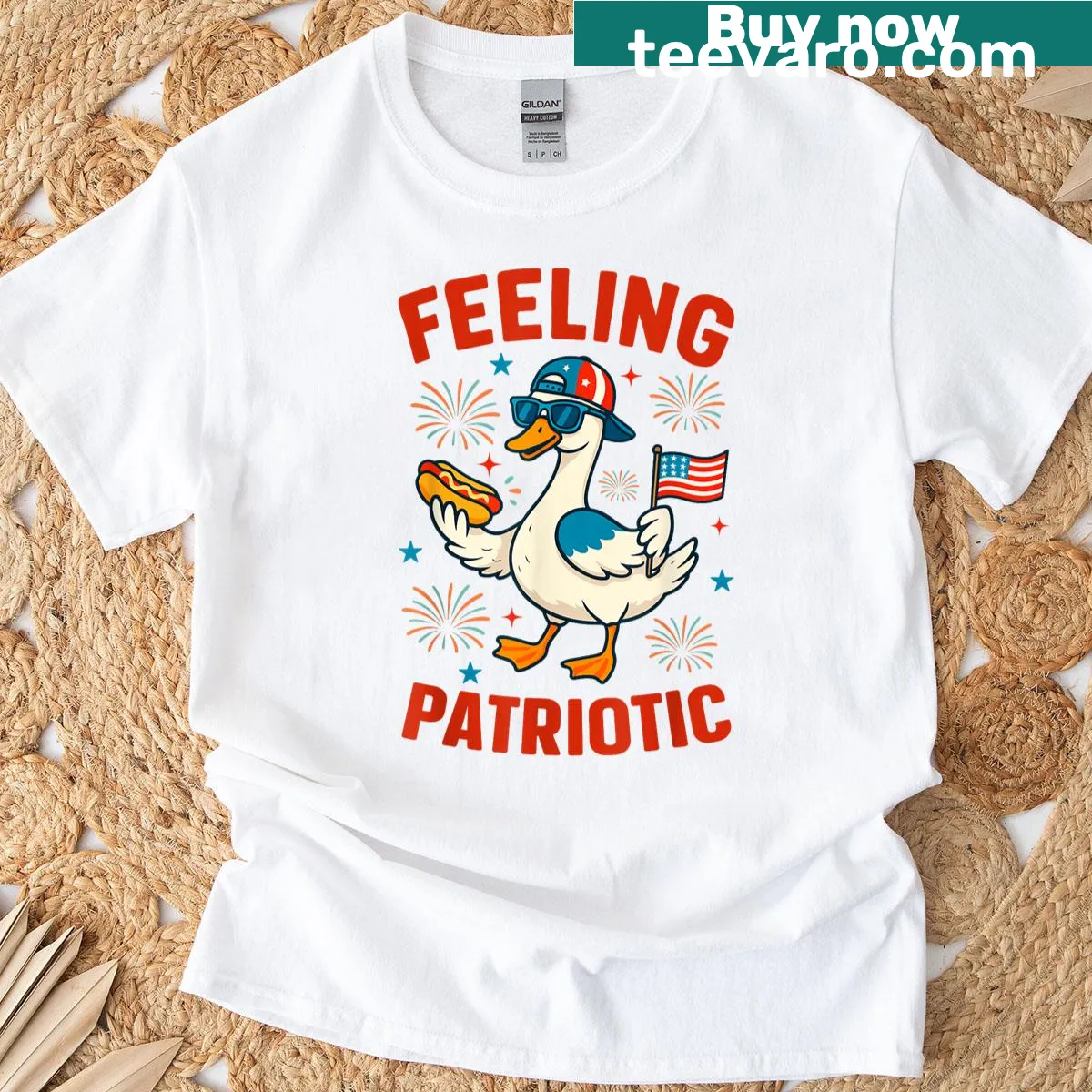 Patriotic duck with a hot dog and USA flag design — on a men's t-shirt