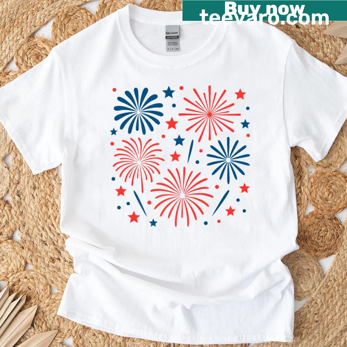 Matching couple outfits with fireworks design for Fourth of July — on a men's t-shirt