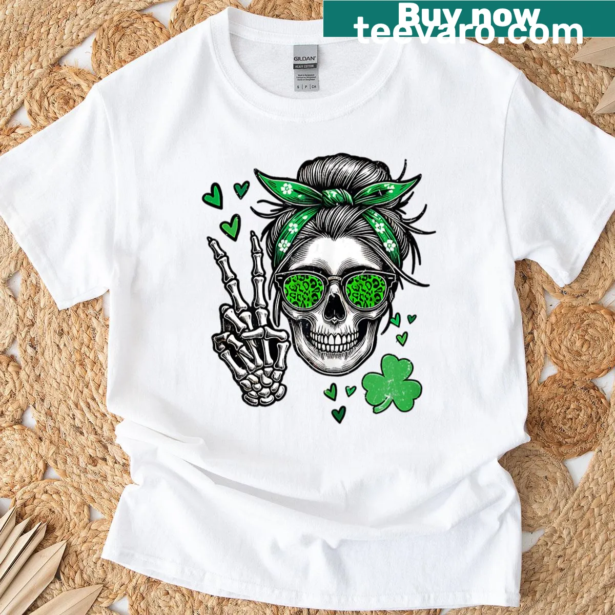 Skull with messy bun design for St. Patrick's Day — on a men's t-shirt