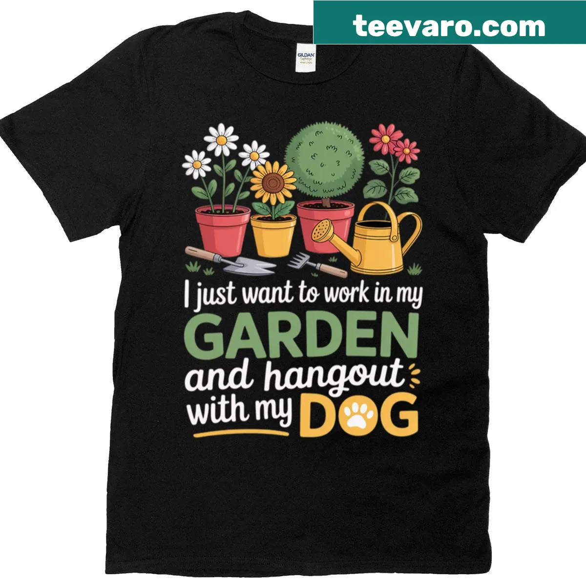 T-shirt with dogs and garden plants design — on a men's t-shirt