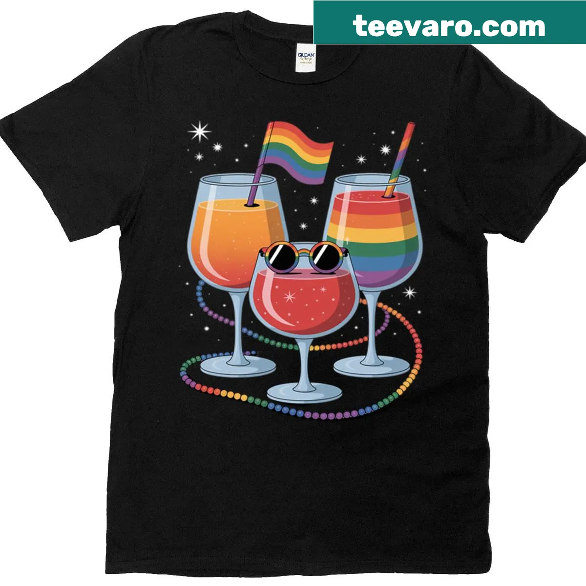 Rainbow T-shirt with wine glasses graphic for Gay Pride — on a men's t-shirt