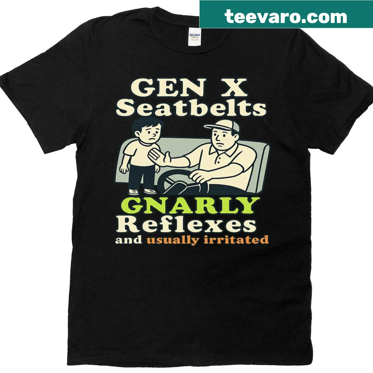 Humorous Gen X-themed t-shirt featuring a seatbelt design — on a men's t-shirt