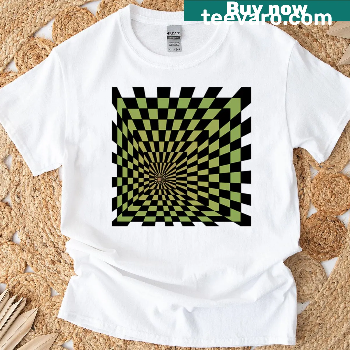 Geometric design creating a depth illusion graphic — on a men's t-shirt