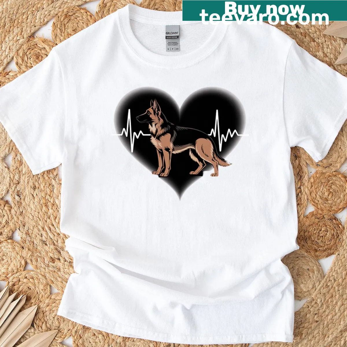 Heartbeat and German Shepherd silhouette design for dog lovers — on a men's t-shirt