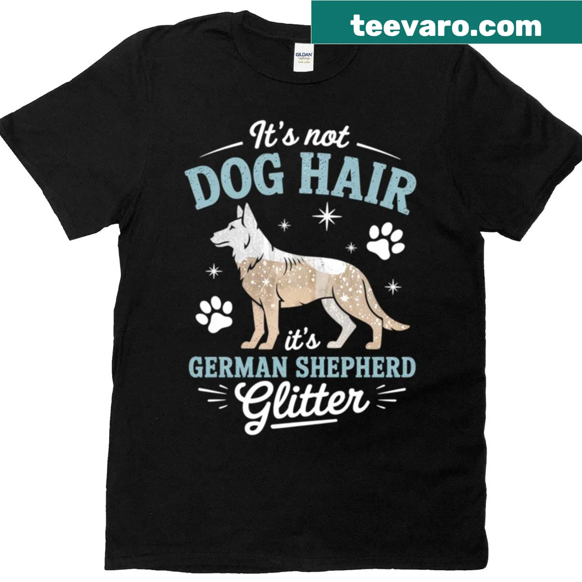 Playful glitter text stating 'It's not dog hair, it's German Shepherd glitter' — on a men's t-shirt