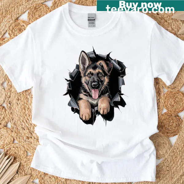 T-shirt featuring bold graphic of German Shepherd silhouette with text