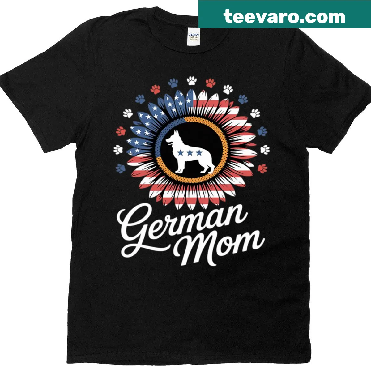 Patriotic T-shirt for German Shepherd moms with sunflower design — on a men's t-shirt