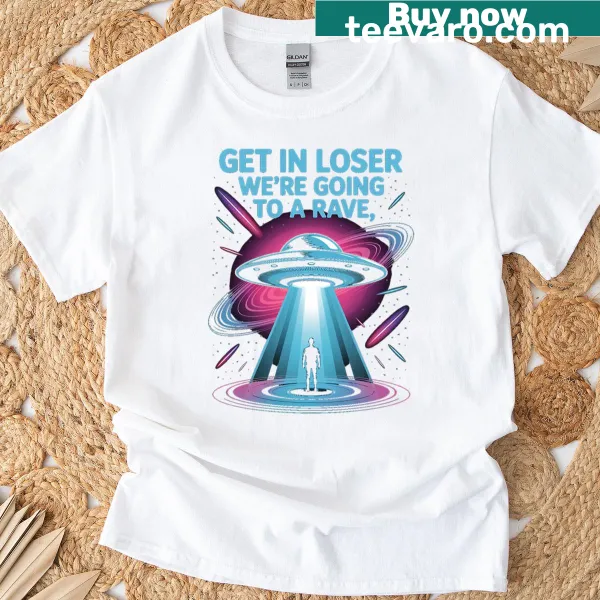 Funny T-shirt with alien and UFO graphic and humorous text for rave enthusiasts