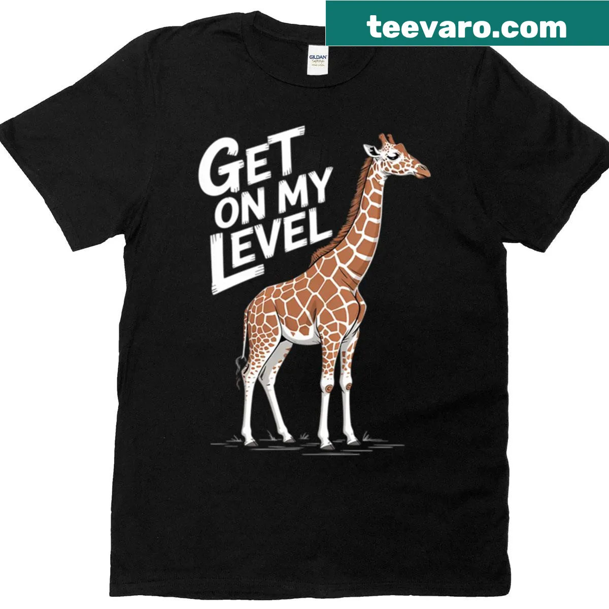 Humorous T-shirt with giraffe drawing and 'Get On My Level' text — on a men's t-shirt
