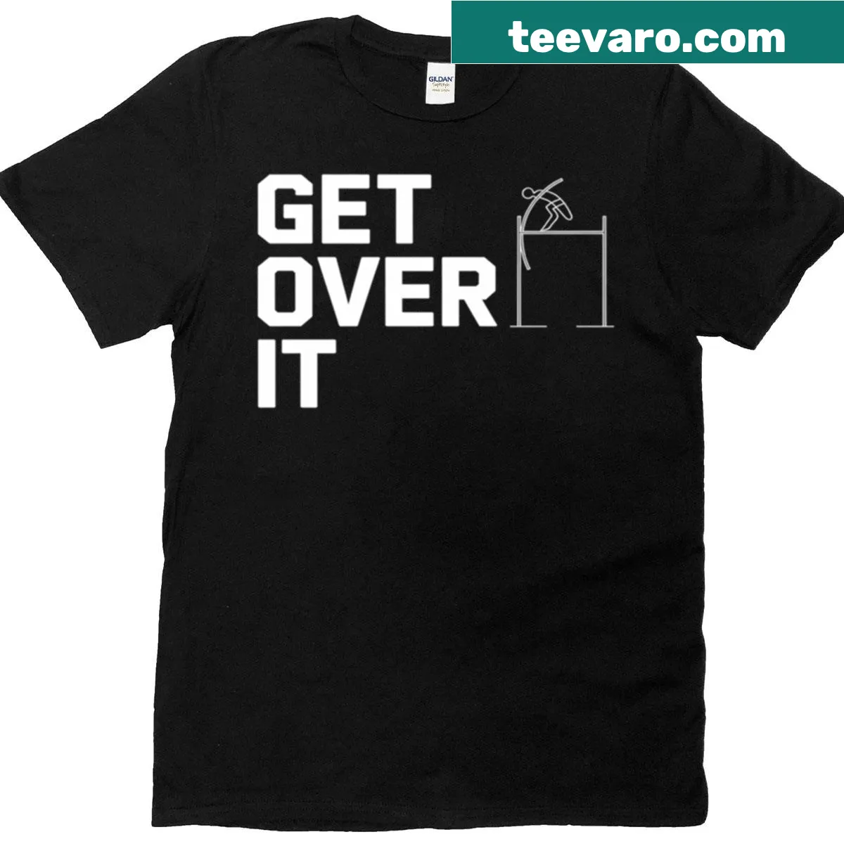 Text 'Get Over It' with pole vault graphics on a T-shirt — on a men's t-shirt