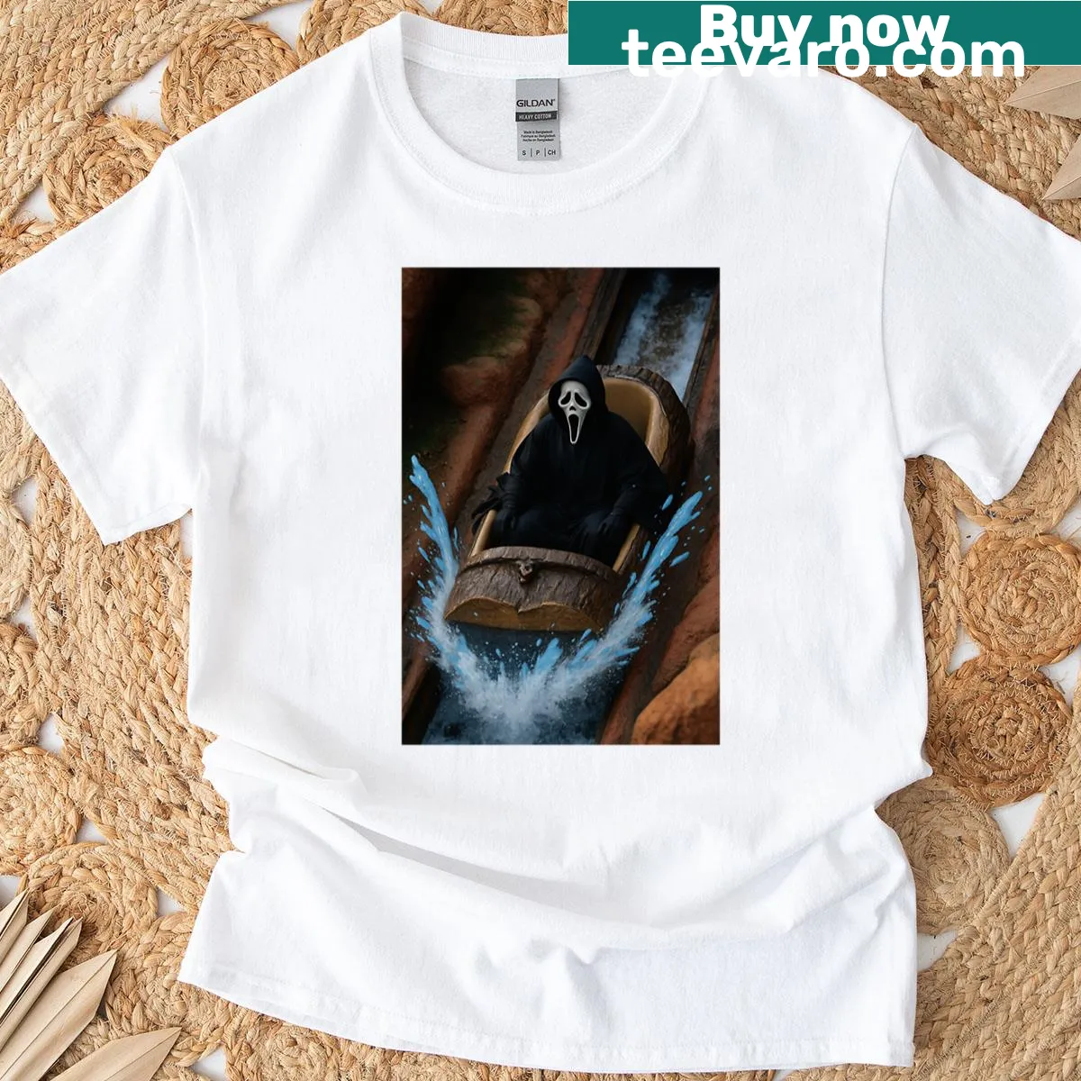 Graphic T-shirt featuring Ghostface in a bayou scene, perfect for horror fans — on a men's t-shirt