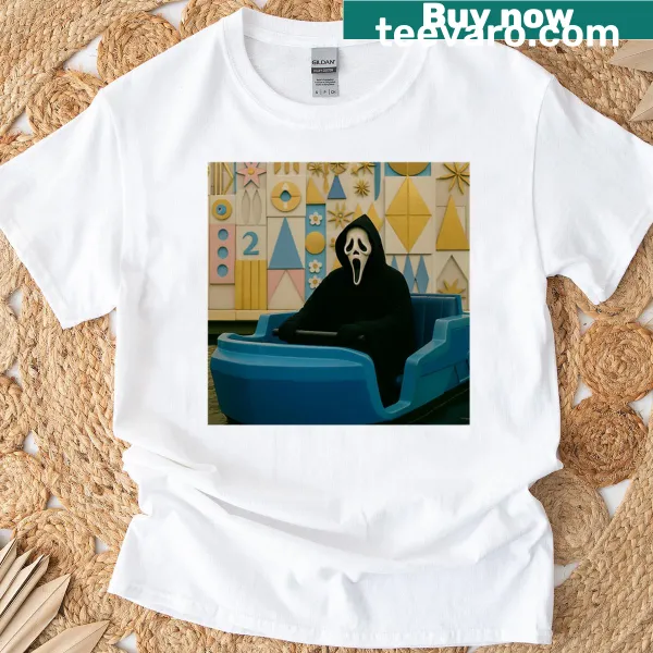 Humorous T-shirt featuring Ghostface with a playful take on a small world theme