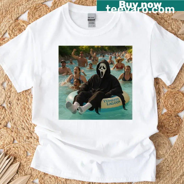 Funny T-shirt featuring Ghostface relaxing on a lazy river