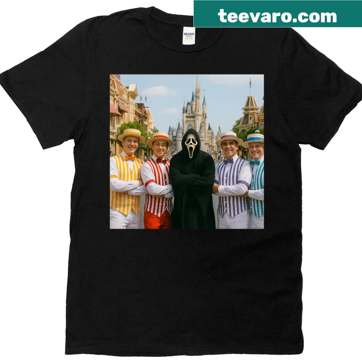 Ghostface character with dapper singers in a playful design — on a men's t-shirt