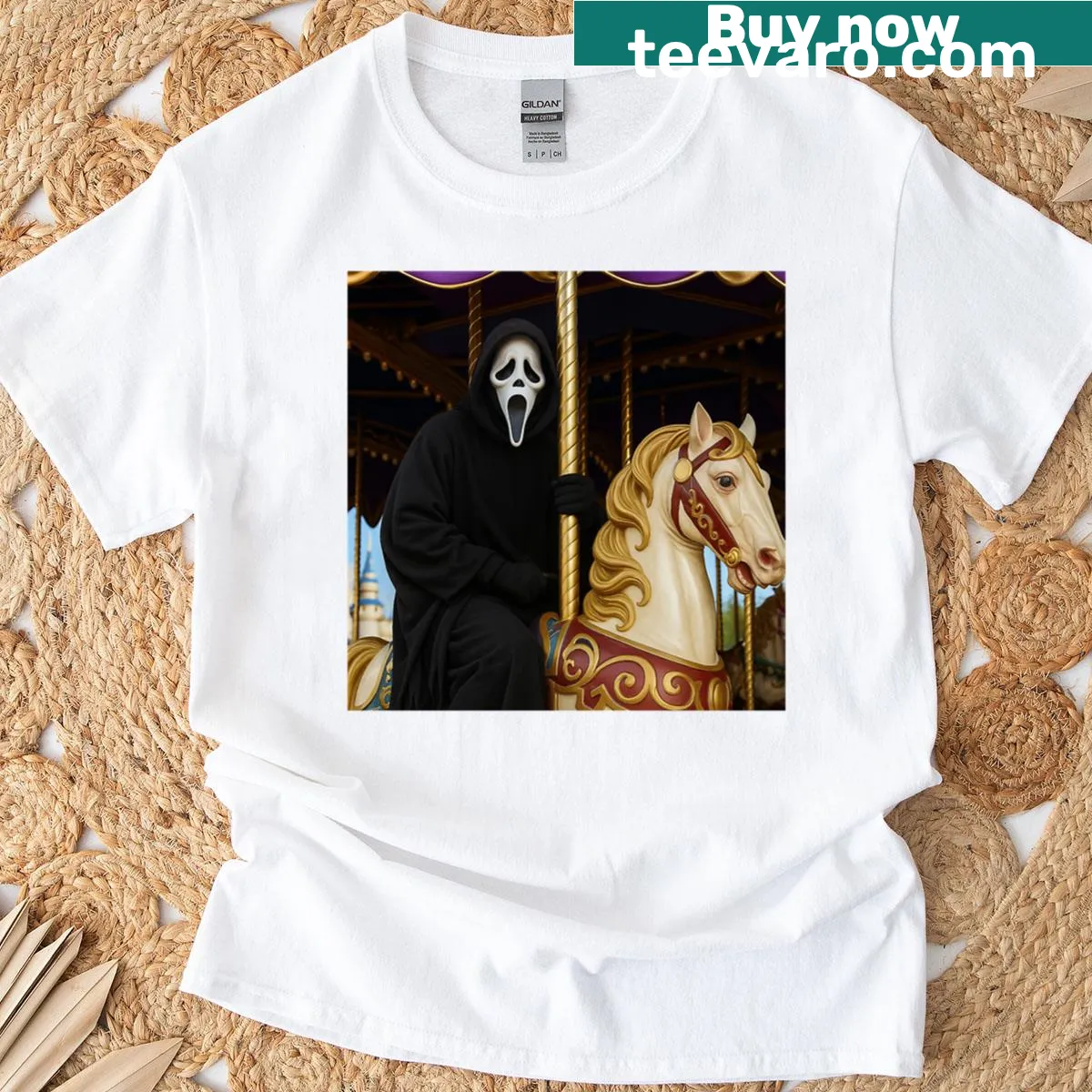 Ghostface on a carousel graphic t-shirt — on a men's t-shirt