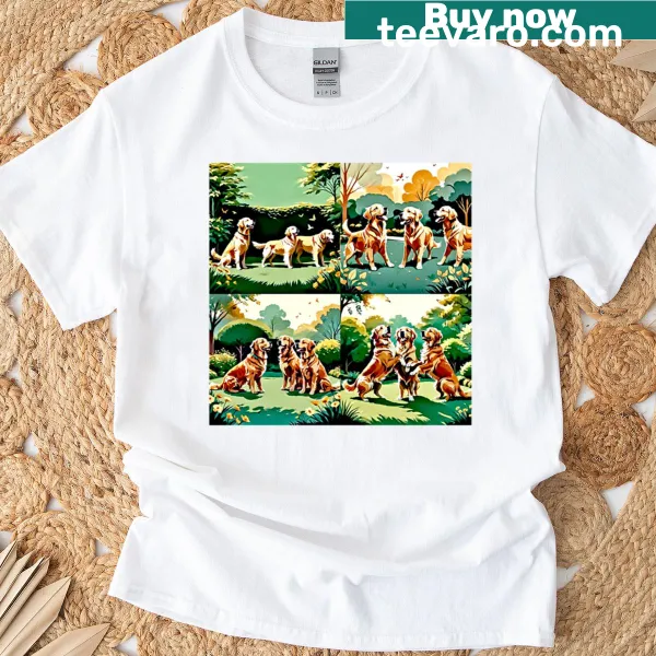 T-shirt featuring the text 'The Happiest One' with a Golden Retriever graphic