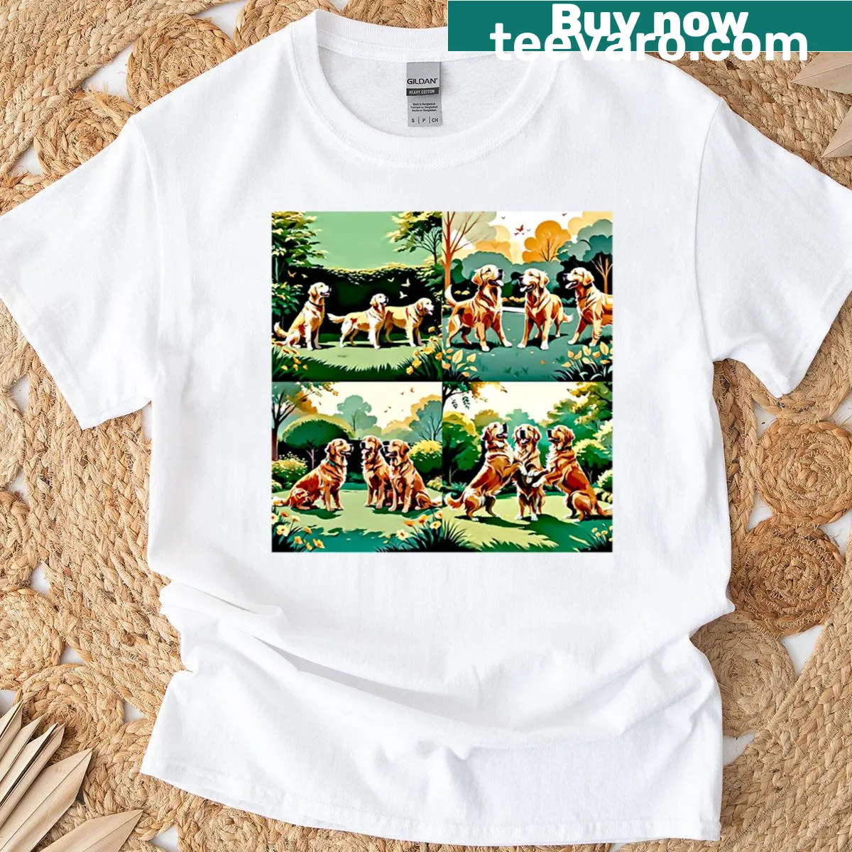 T-shirt featuring the text 'The Happiest One' with a Golden Retriever graphic — on a men's t-shirt