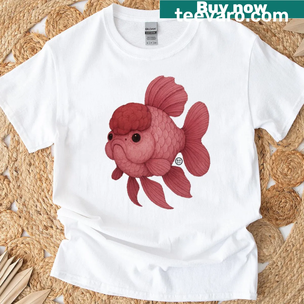 Retro Pink Oranda goldfish graphic t-shirt with chunky art style — on a men's t-shirt