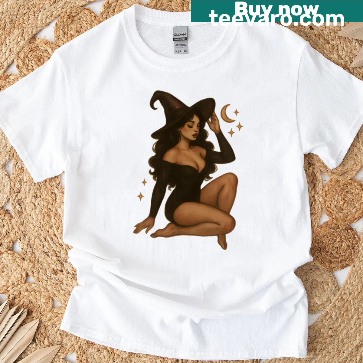 Illustration of a witch on a stylish T-shirt — on a men's t-shirt