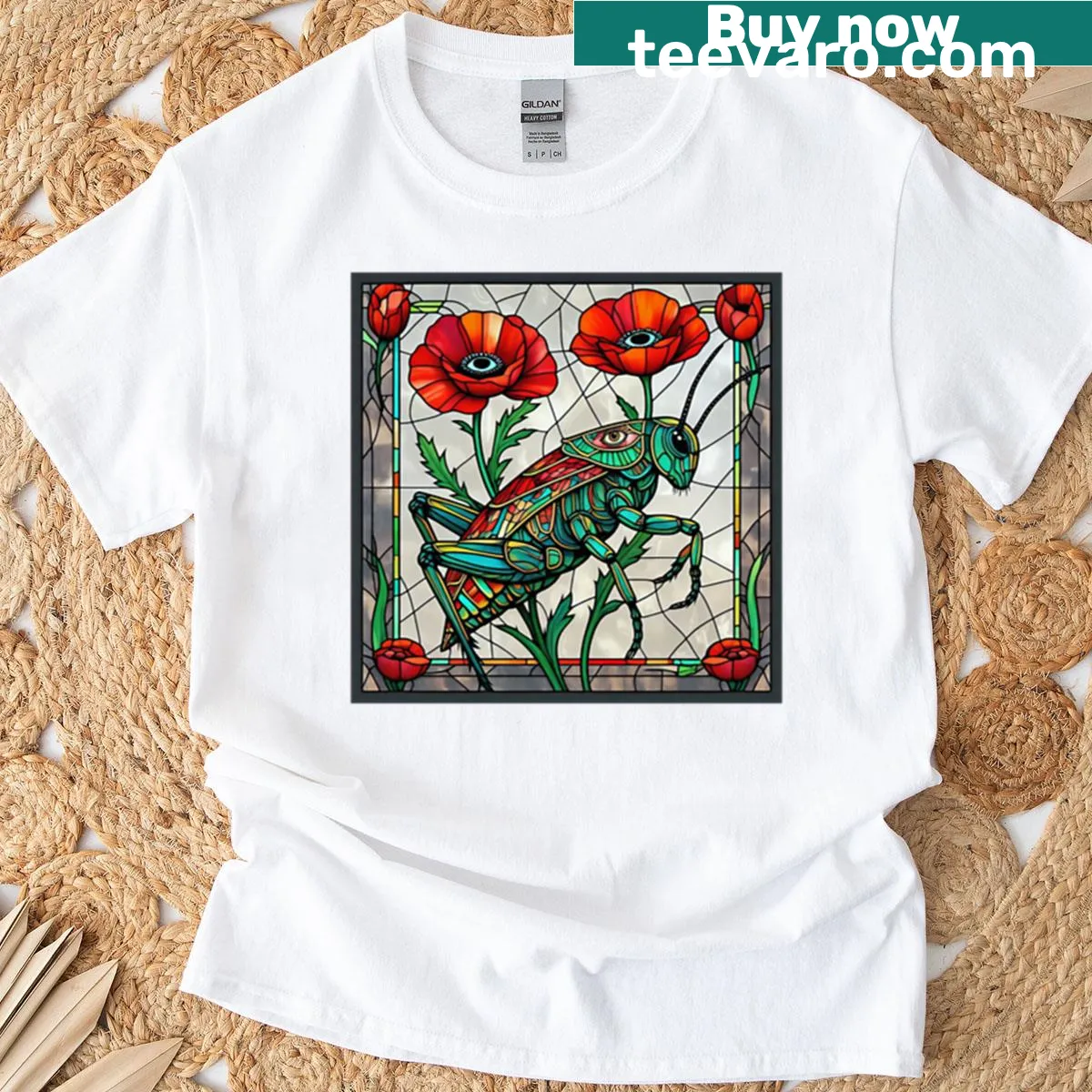Stained glass style illustration of a grasshopper on a poppy flower t-shirt — on a men's t-shirt