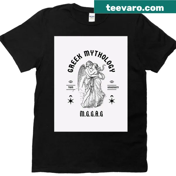 Illustration of Greek mythology symbols and characters on a T-shirt