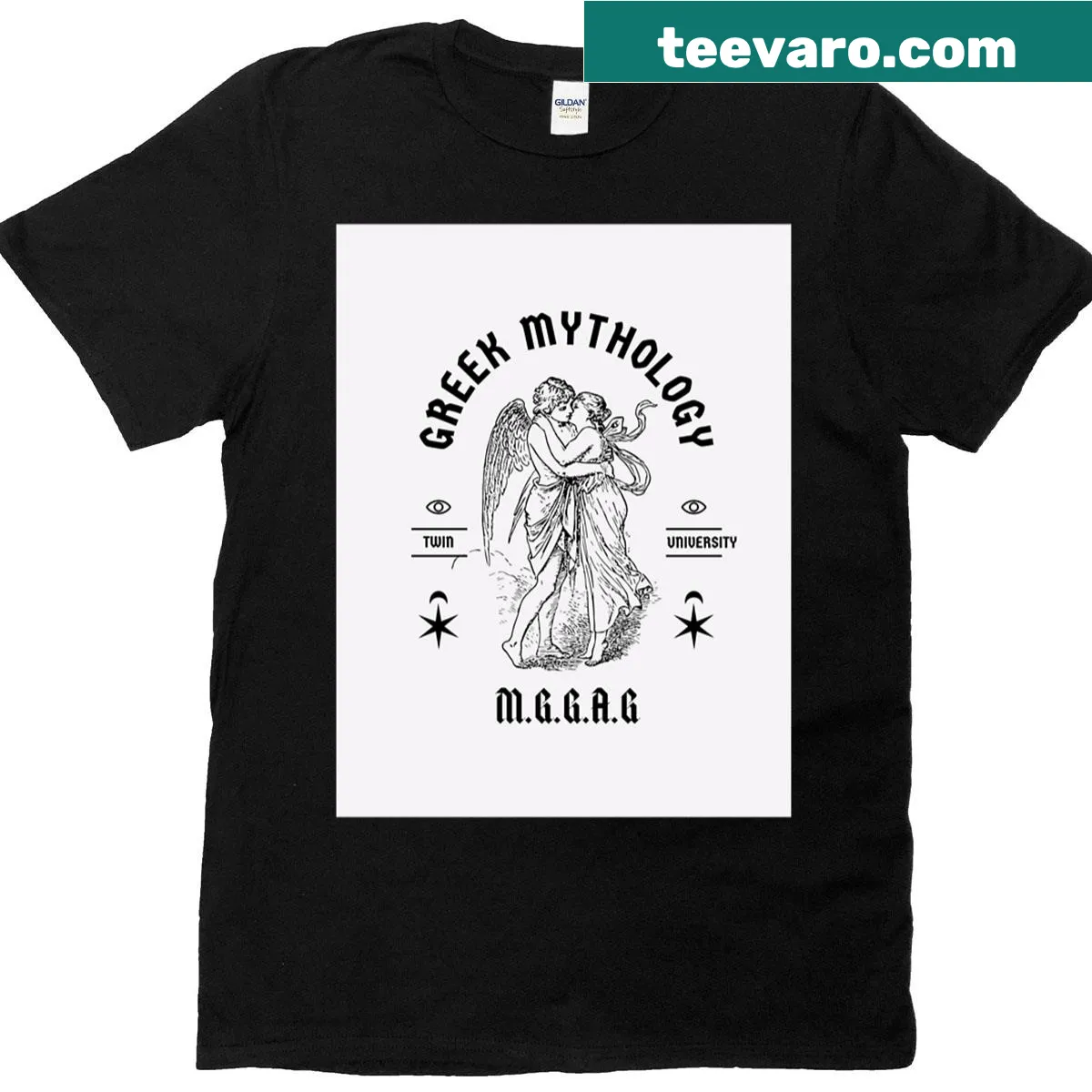 Illustration of Greek mythology symbols and characters on a T-shirt — on a men's t-shirt