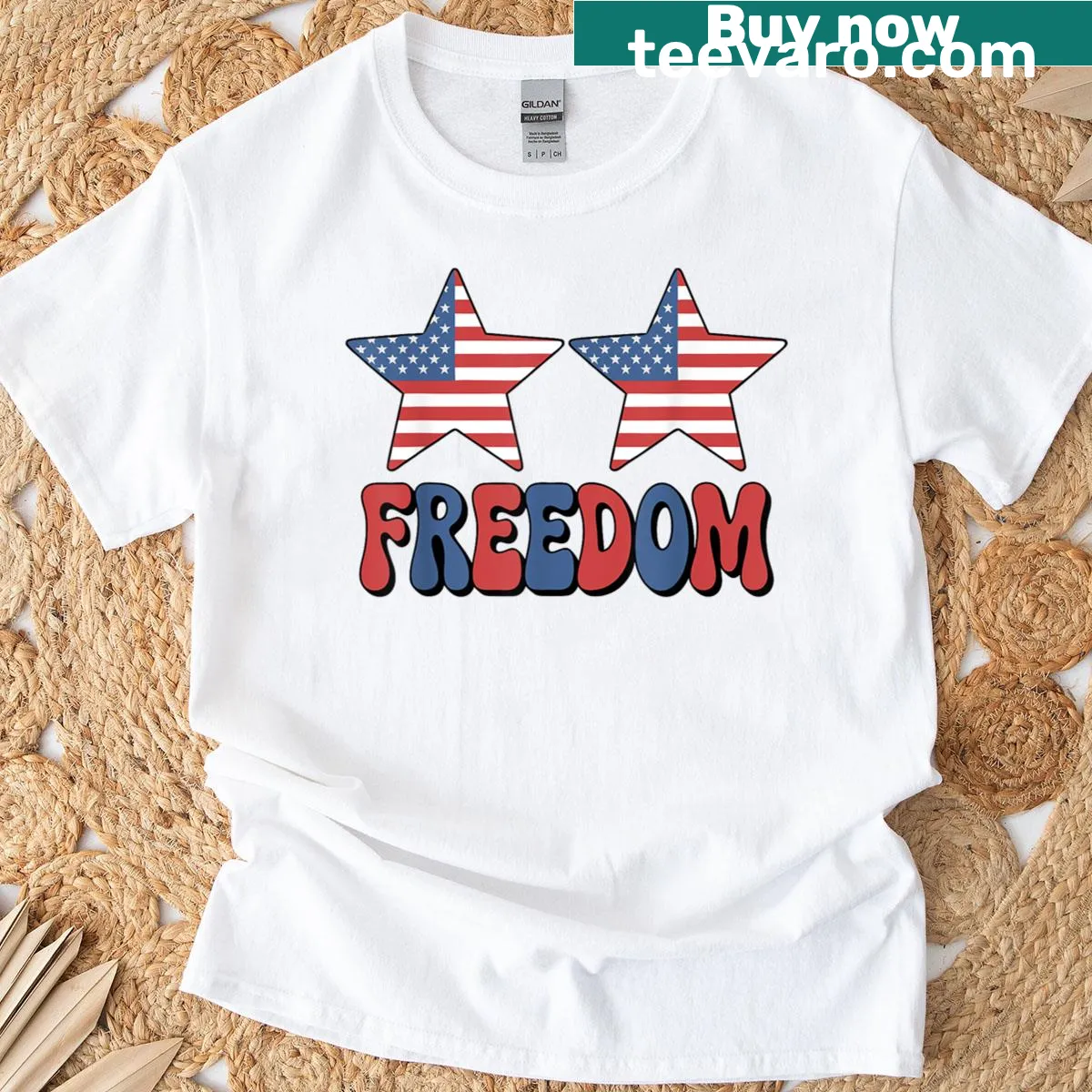 Typography design for a groovy Fourth of July couples t-shirt — on a men's t-shirt