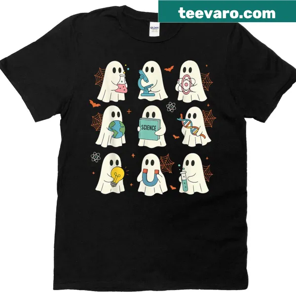 Cartoon ghost laboratory design on a Halloween t-shirt