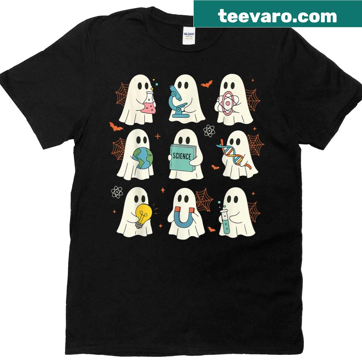 Cartoon ghost laboratory design on a Halloween t-shirt — on a men's t-shirt