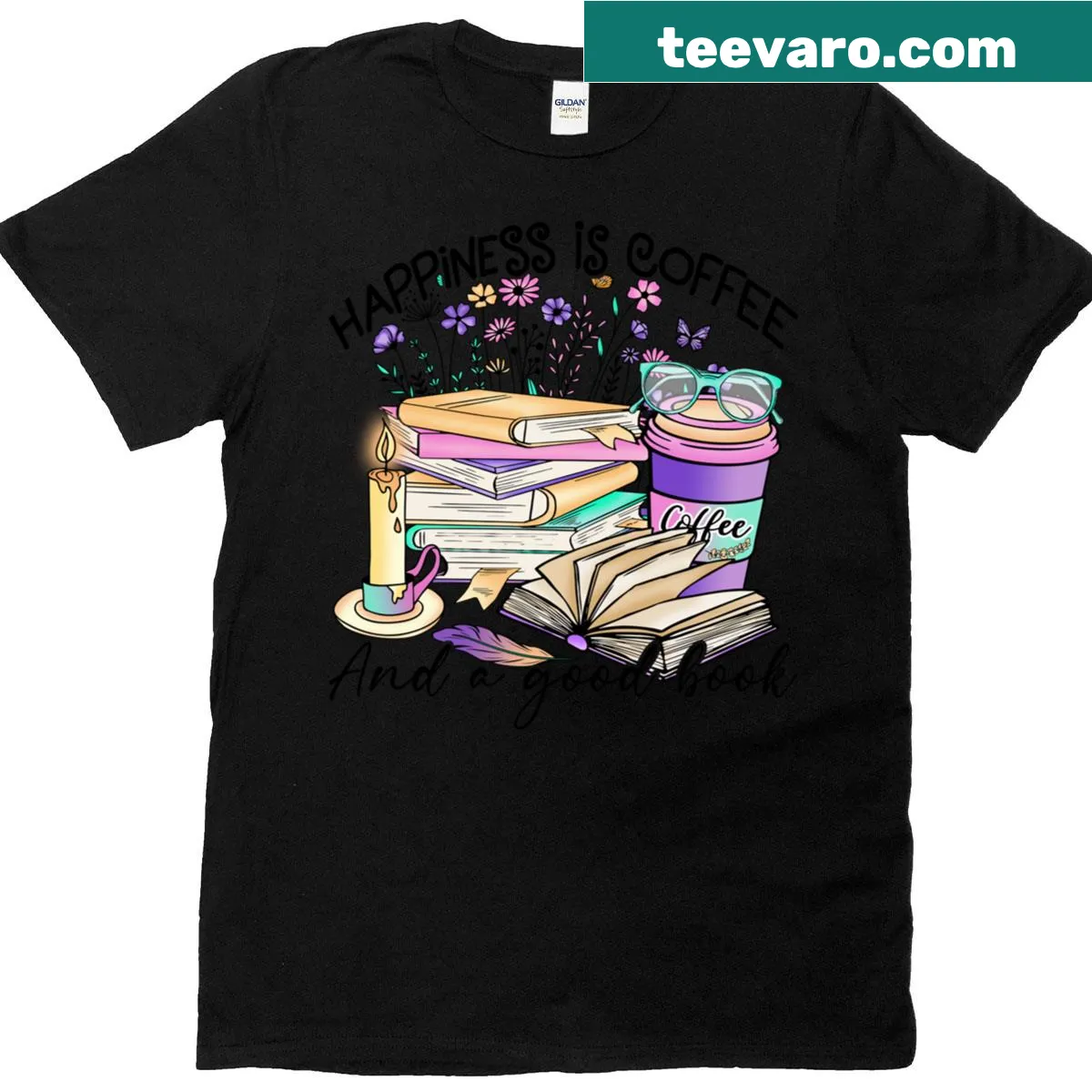 Typographic t-shirt featuring a saying about coffee and reading — on a men's t-shirt